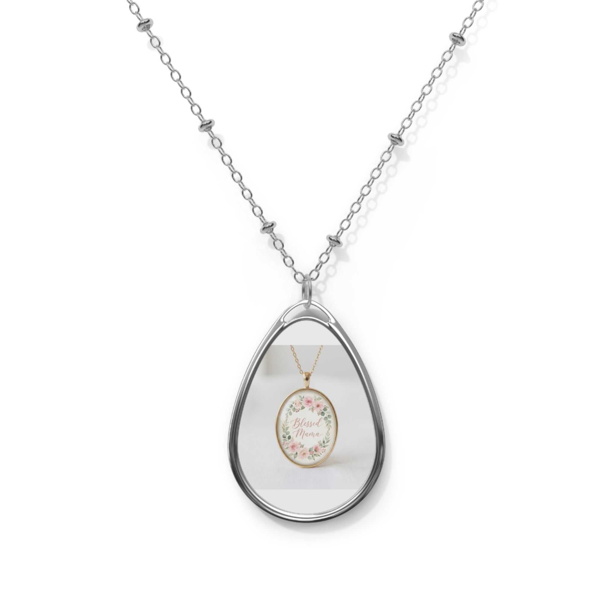 Blessed Mama Necklace | Floral Oval Pendant | Mothers Day Gift