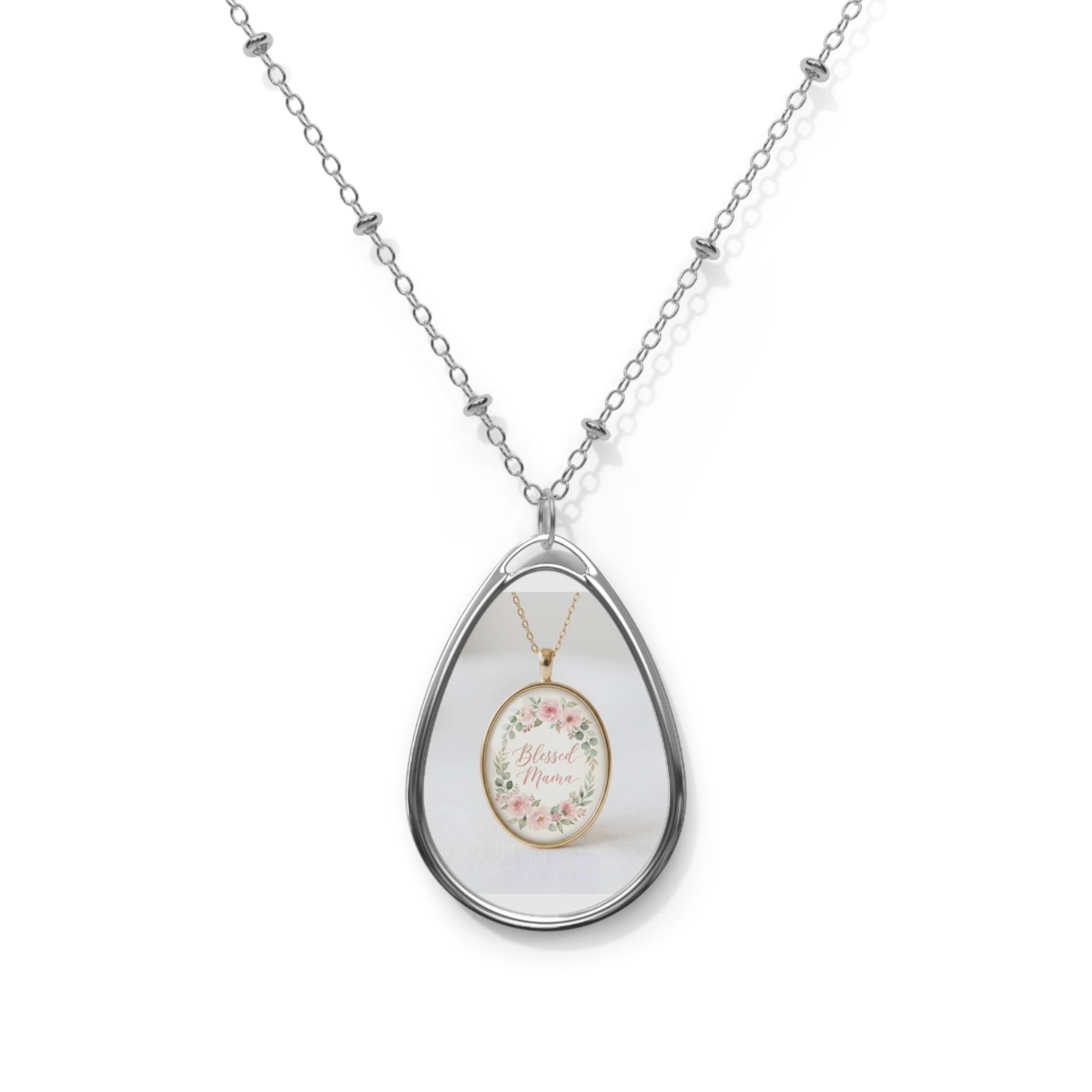 Blessed Mama Necklace | Floral Oval Pendant | Mothers Day Gift For Mom