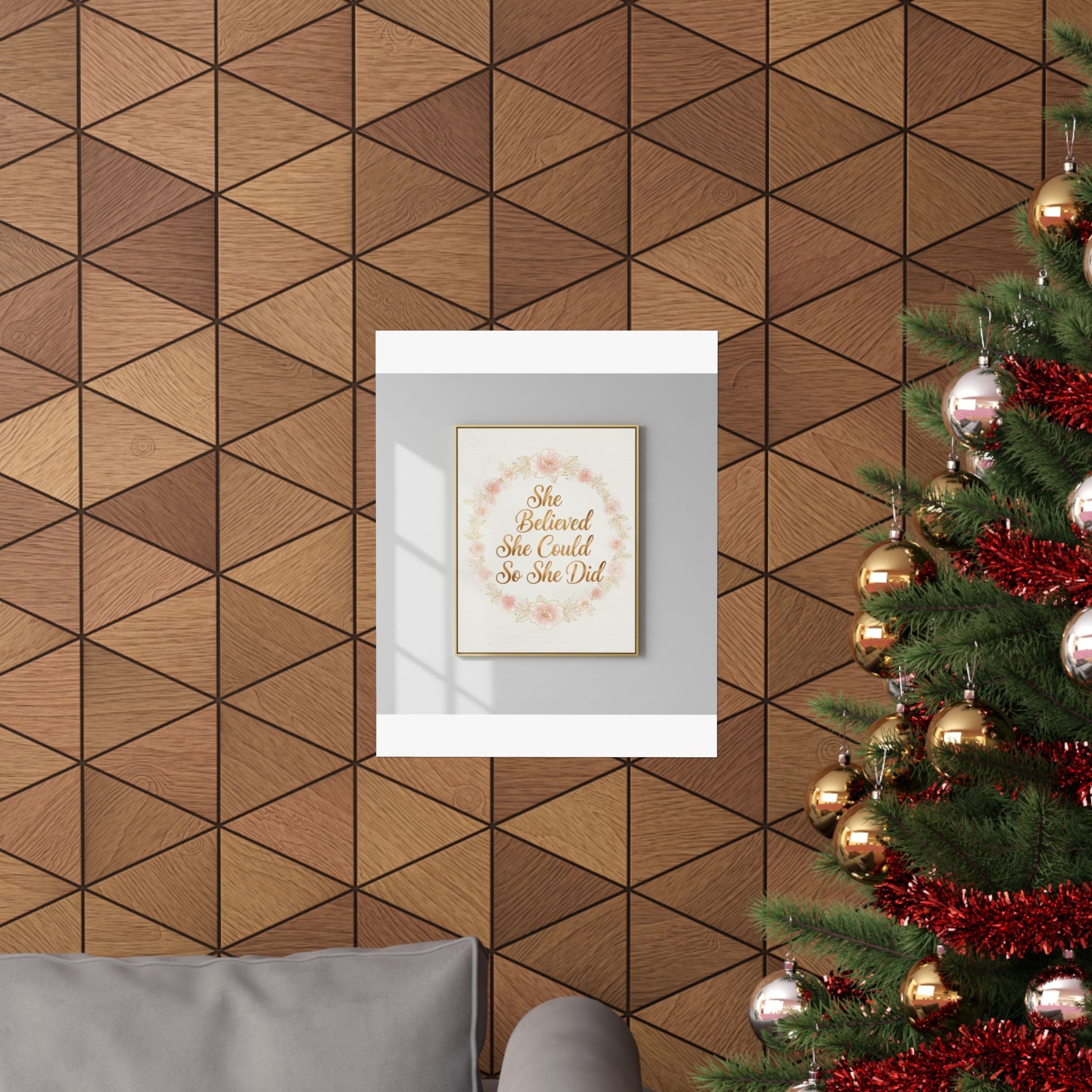 She Believed She Could Inspirational Wall Art | Gold Floral Print